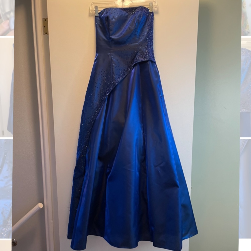 Blue strapless beaded gown
